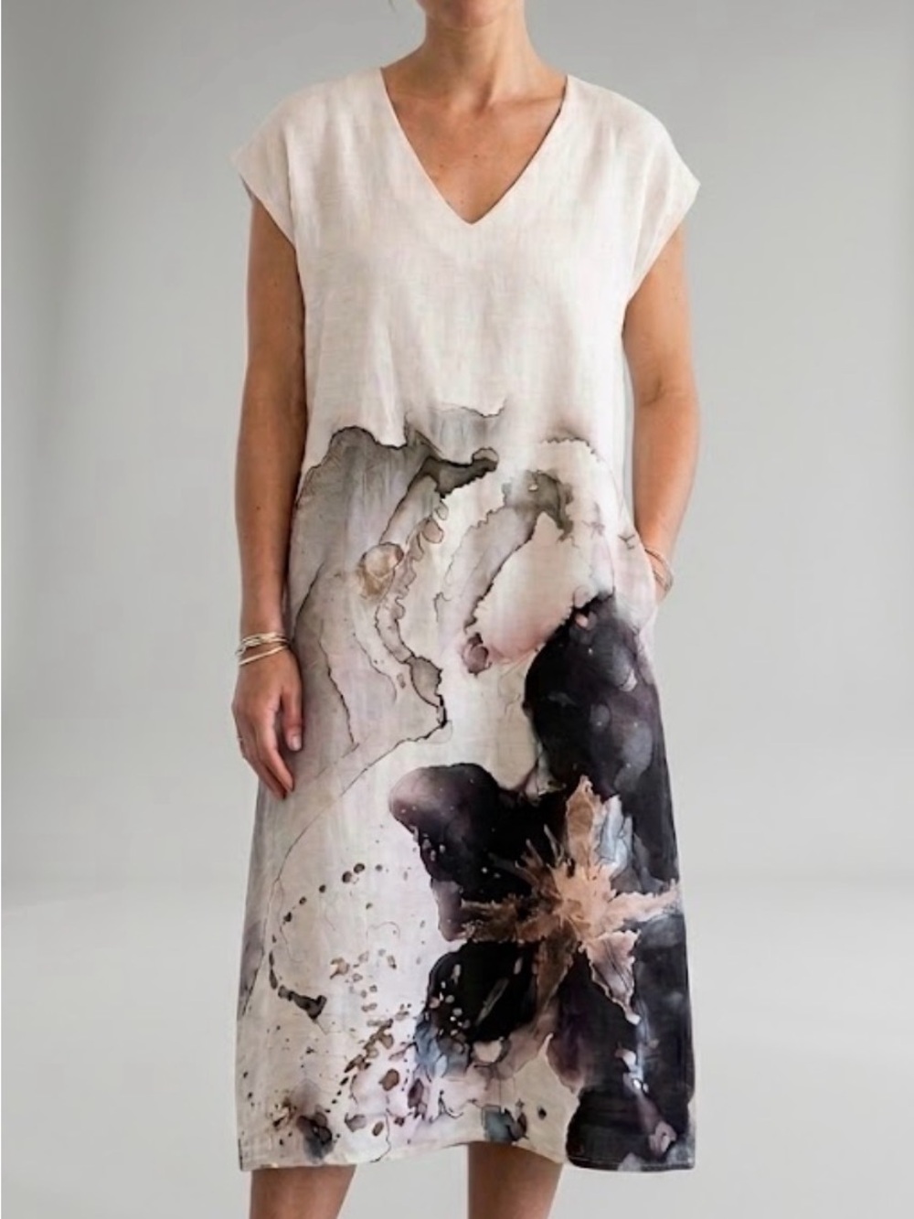 Luukaa Linen Midi Dress with Watercolor Floral